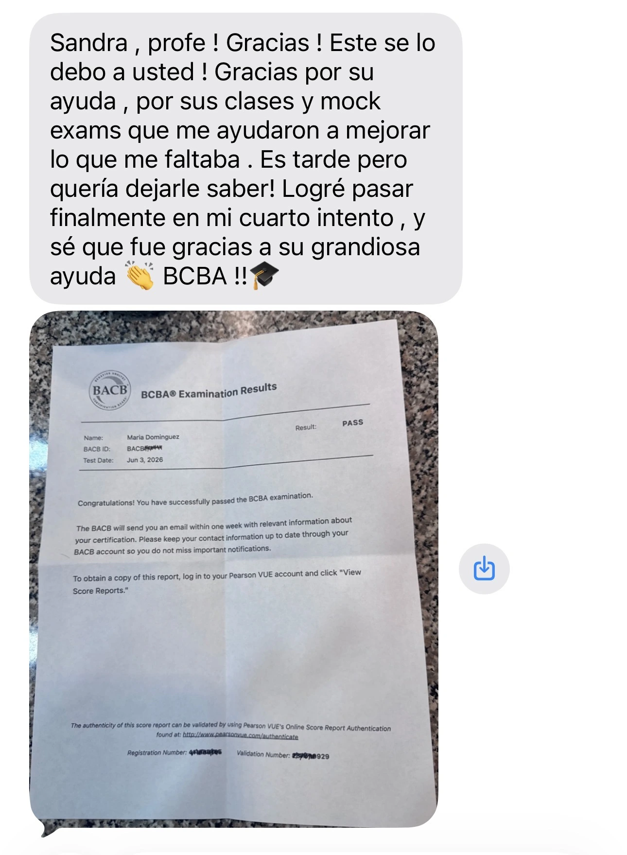 Mensaje recibido con un resultado aprobado del BCBA y agradecimiento por las clases y simulacros