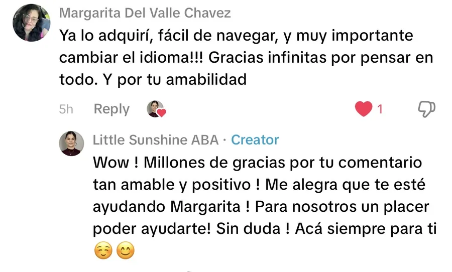 Comentario público de TikTok sobre navegación fácil y cambio de idioma