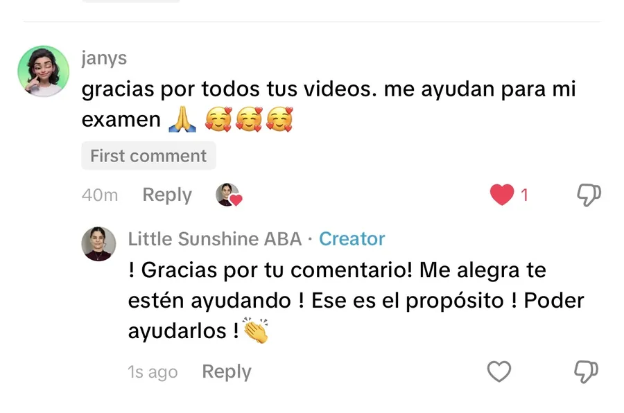 Comentario público de TikTok que agradece los videos para un examen