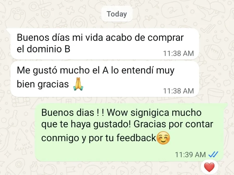 Mensaje de WhatsApp sobre comprender el Dominio A y comprar el Dominio B